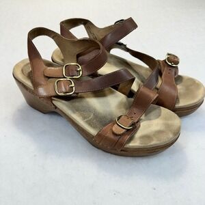 Dansko Women Brown Leather Strappy Wedge Sandals Buckle Platform Clogs Size 40
